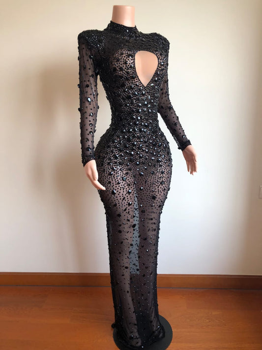 Ms Super Star Black Crystal Diamond Rhinestone Dress