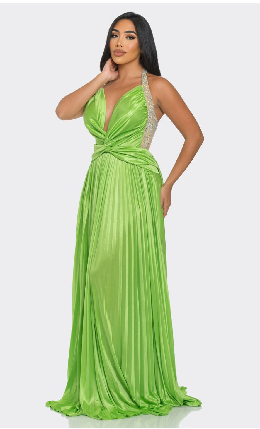 Pretty Green Rhinestone Pleated Maxi Dress