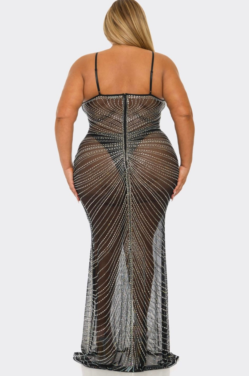 Ms Sexy  Black Rhinestone Sheer See Through Fishnet Maxi Dress