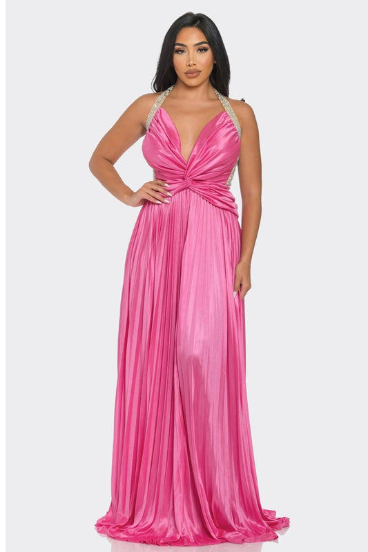 Pretty in Pink Rhinestone Pleated Maxi Dress