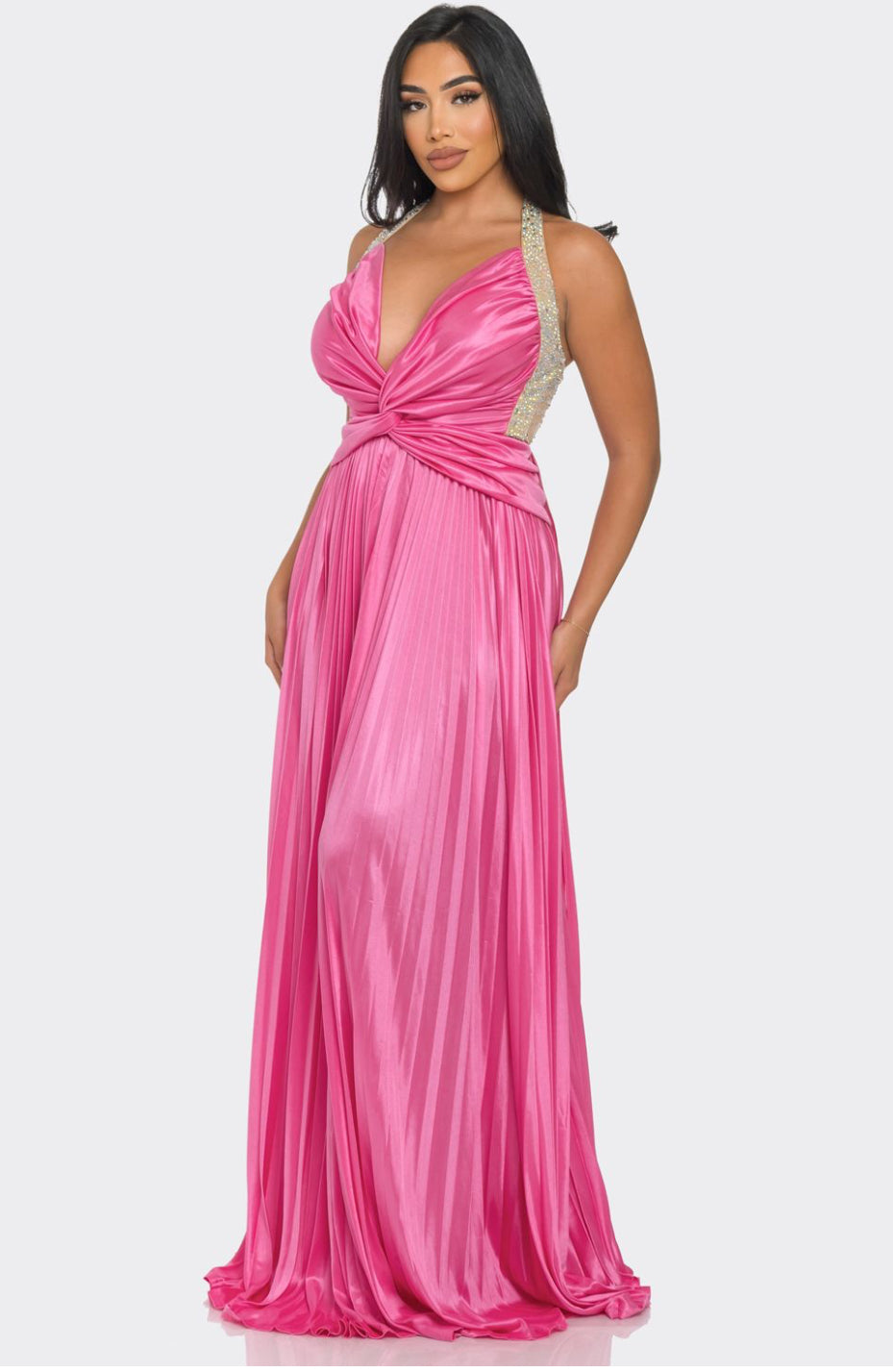 Pretty in Pink Rhinestone Pleated Maxi Dress