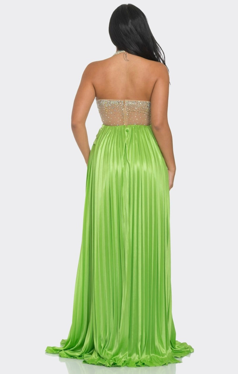 Pretty Green Rhinestone Pleated Maxi Dress