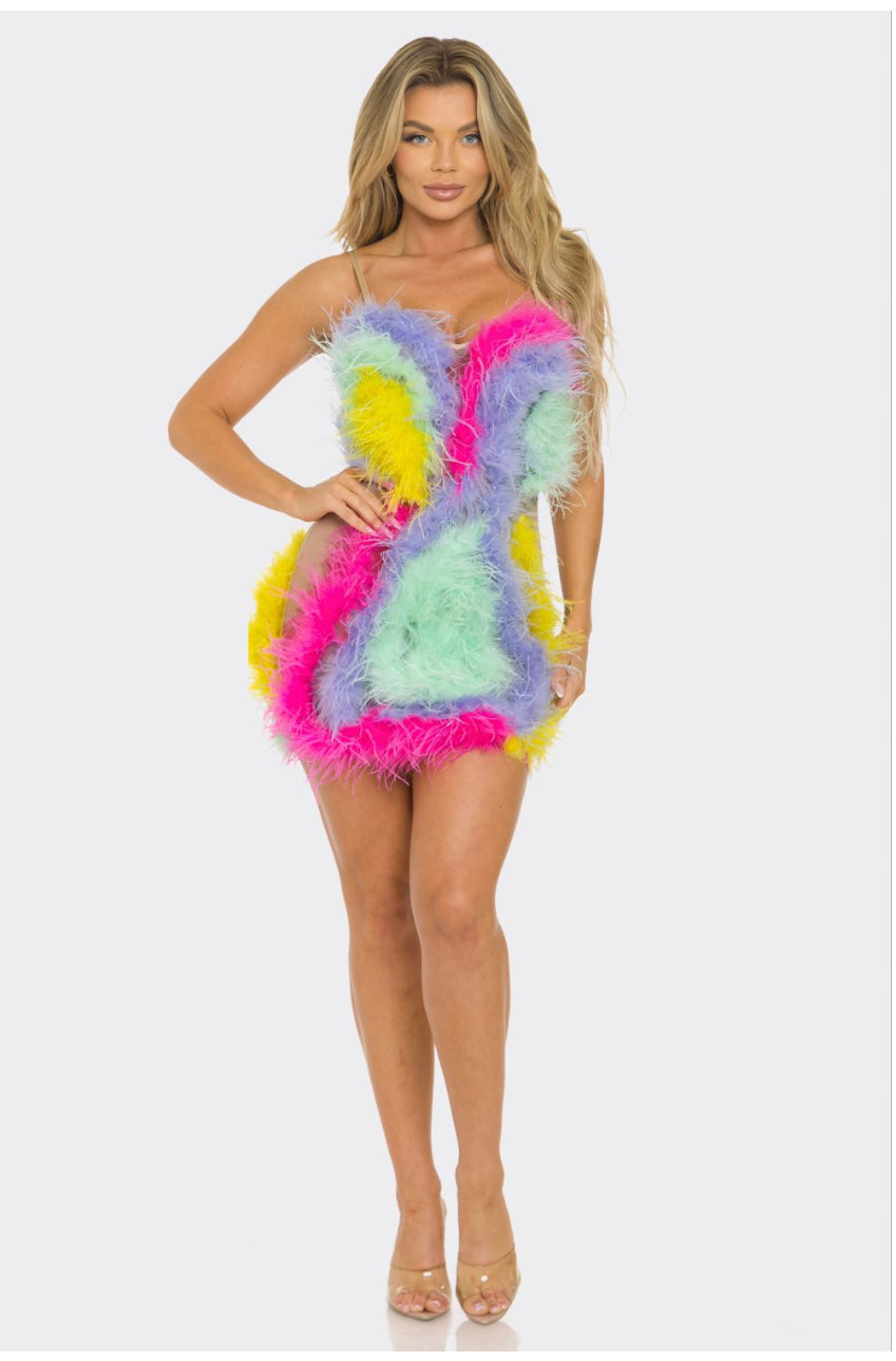 Rainbow Ostrich Feather Mini Dress