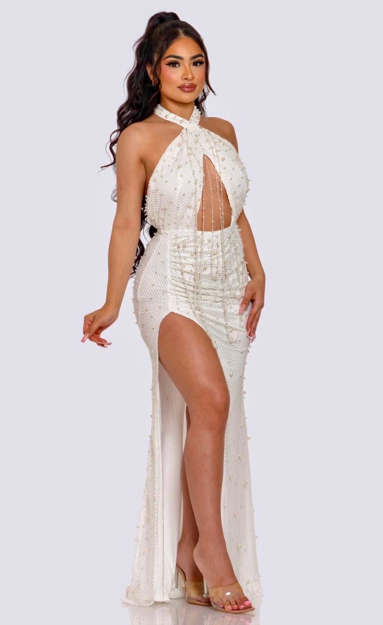 White Fishnet Pearl Studded Crossover Neck Maxi Dress