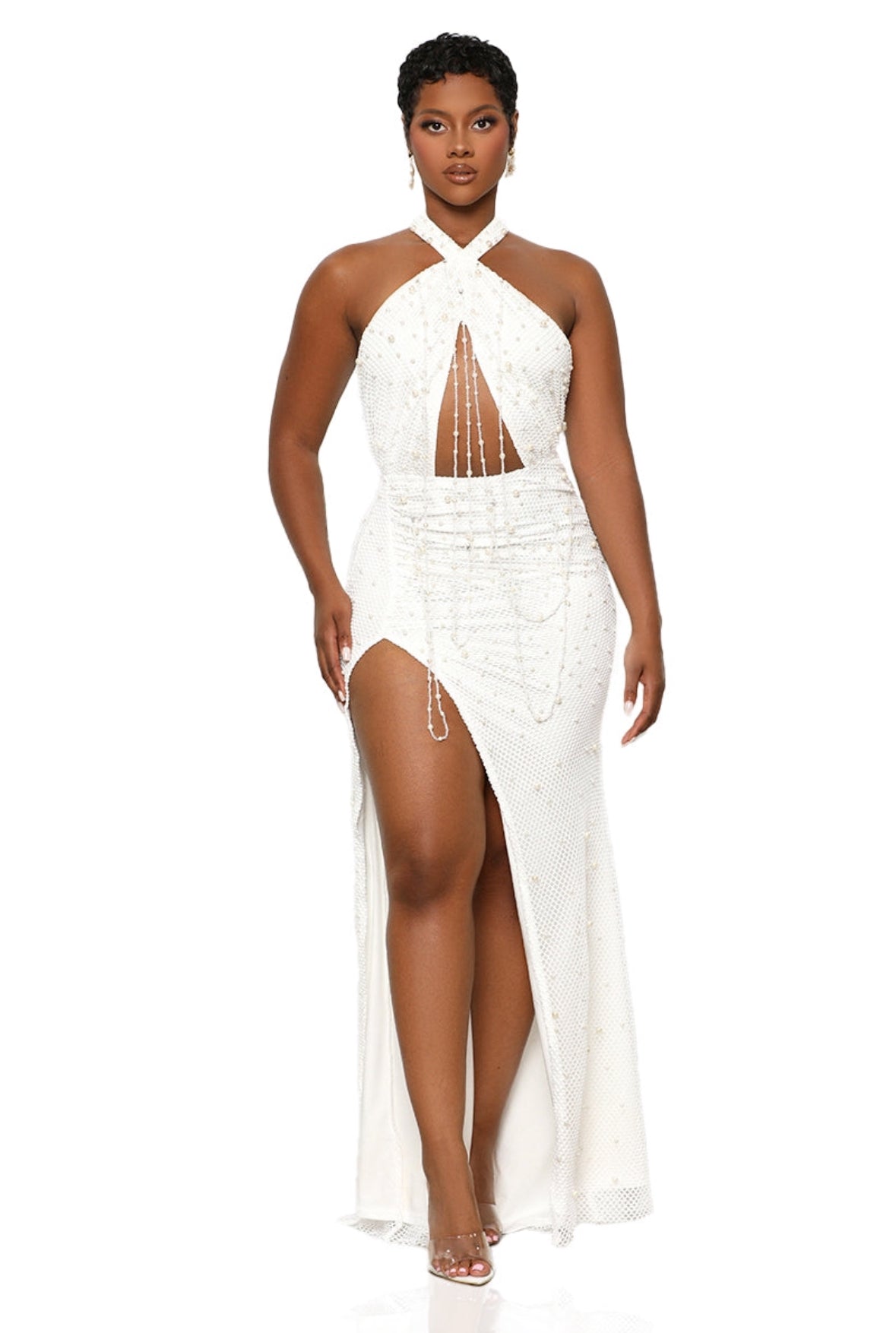 White Fishnet Pearl Studded Crossover Neck Maxi Dress