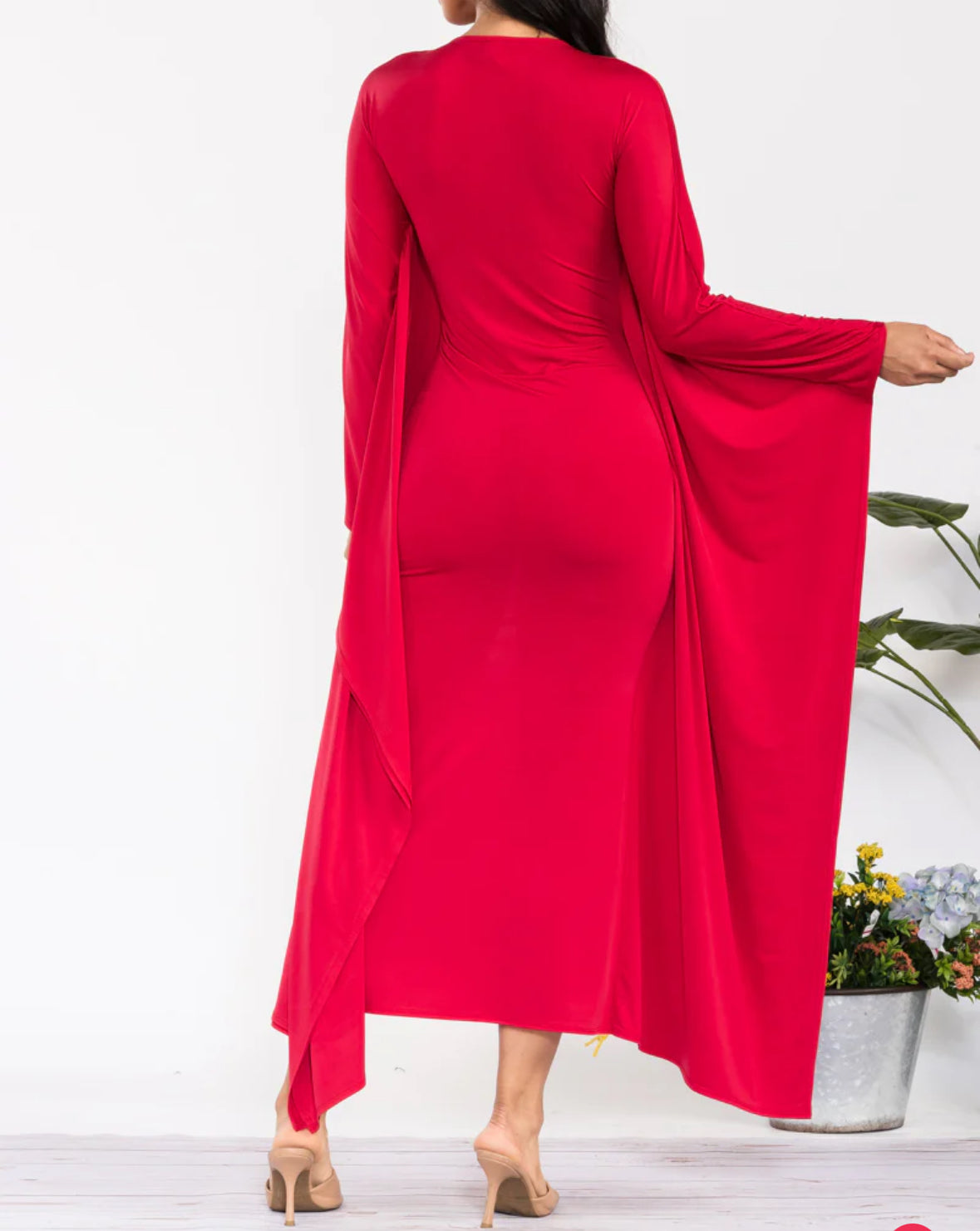 Ms Lovely lady Holiday Red V Neck LONG SLEEVE DRAPE MAXI DRESS