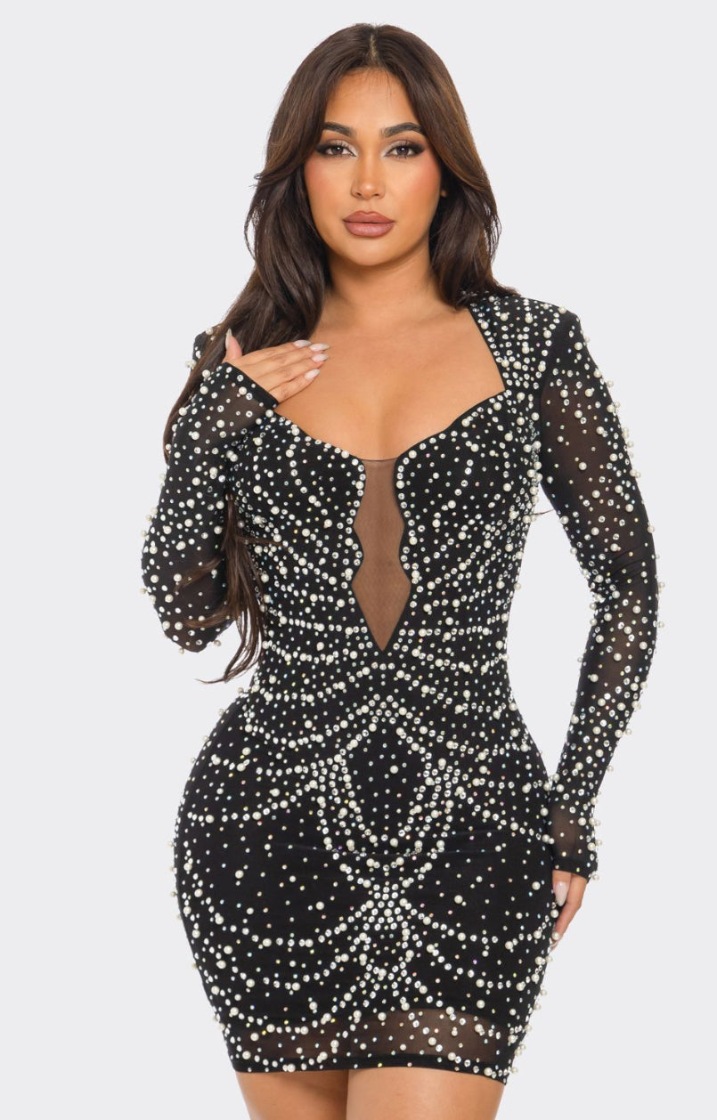 Ms Baddie Black/Rhinestone/pearl Embellished Bodycon Dress