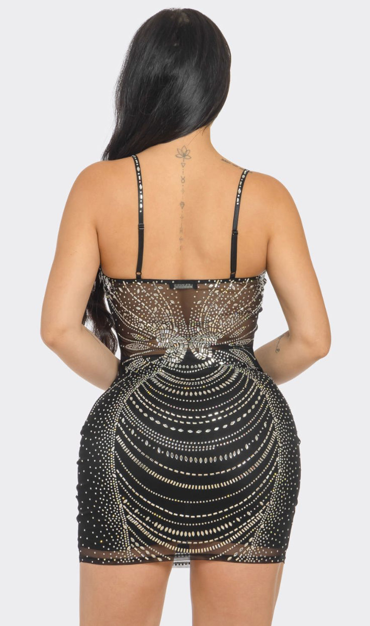 Black Black Mirror Rhinestone Embellished Bodycon Dress