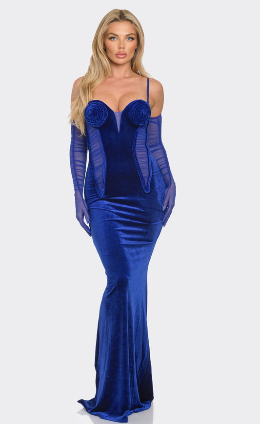 Glamour Girl Blue Velvet Braided Rope Maxi Dress