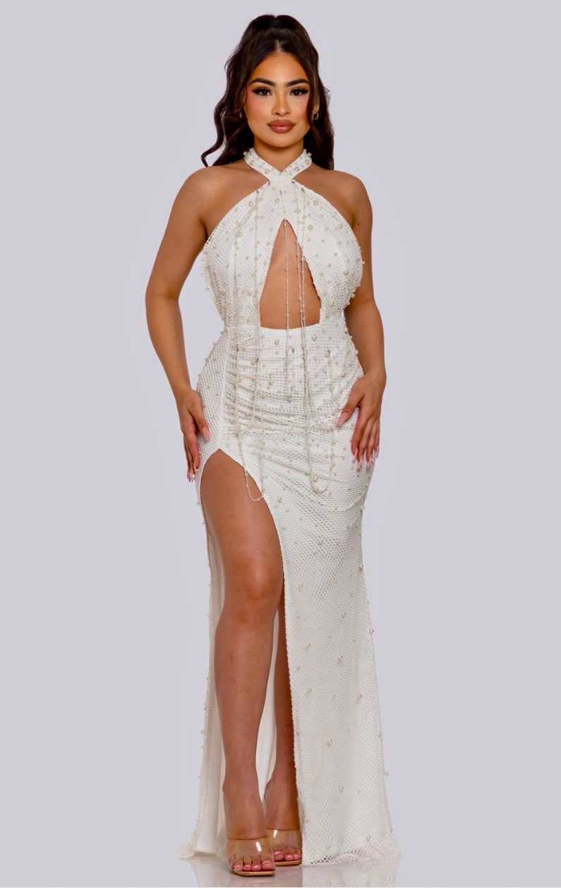 White Fishnet Pearl Studded Crossover Neck Maxi Dress