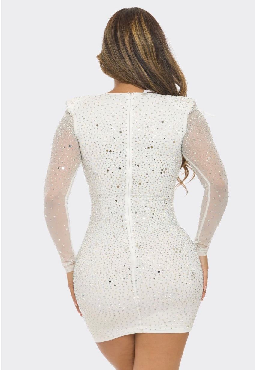 White Rhinestone Feather Dress