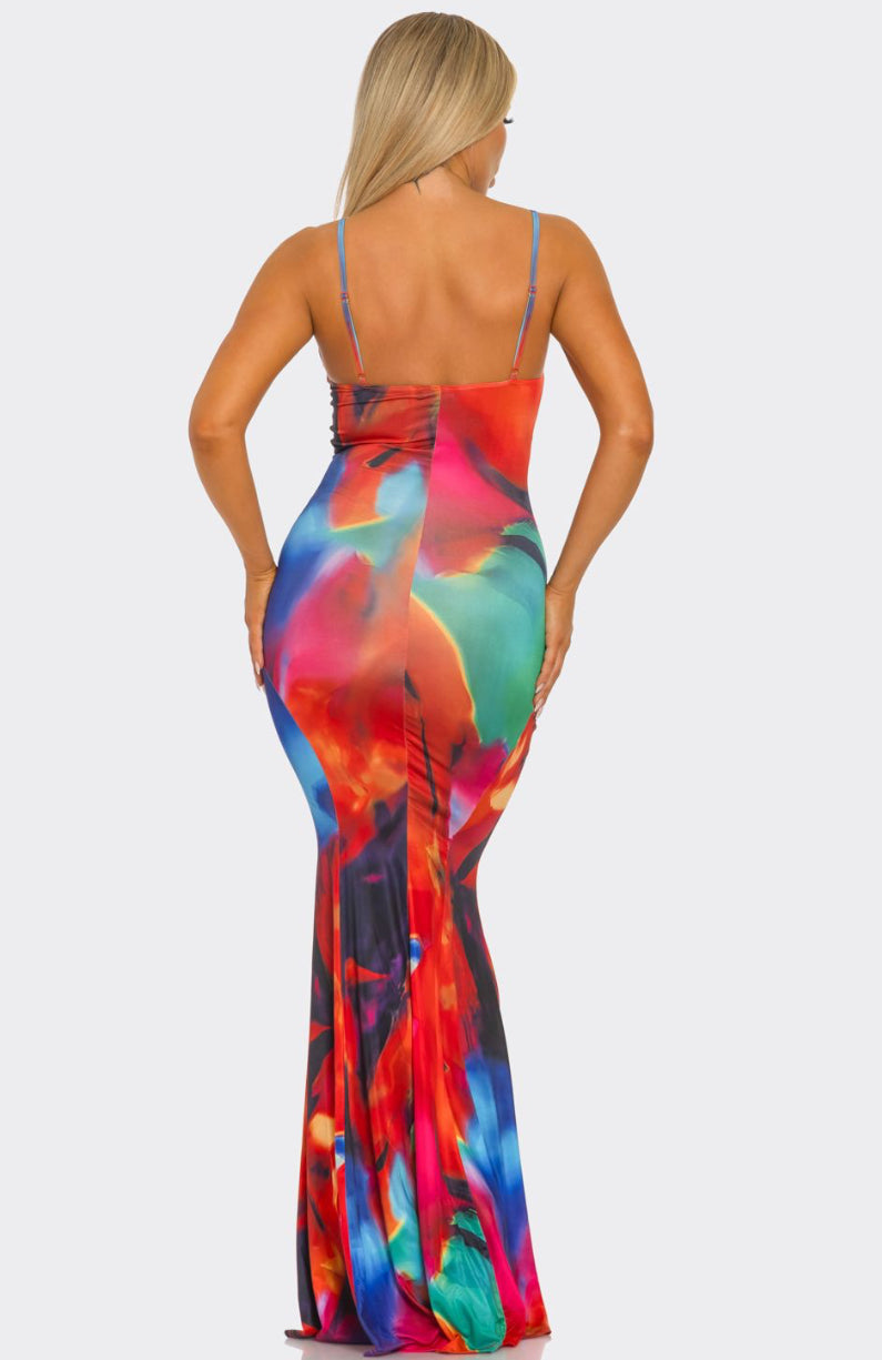 Ms lady Red Multi Abstract Print Maxi Sun Dress