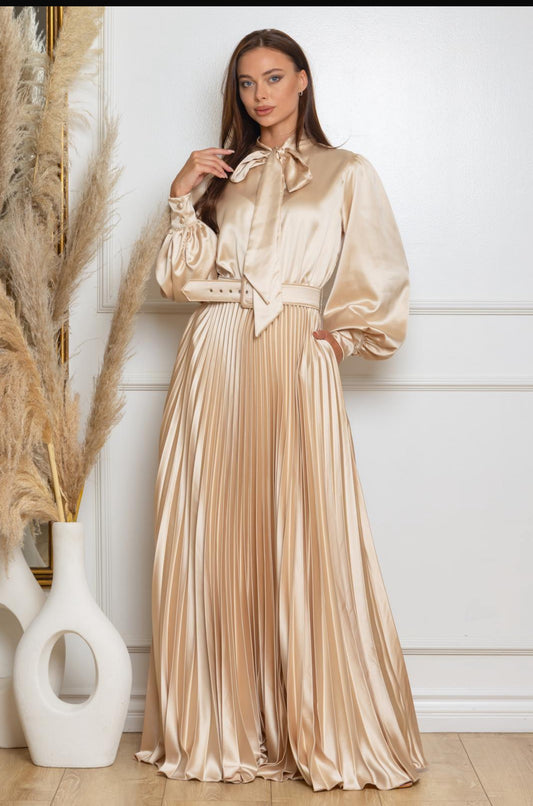 Keeping it Classy Beige long Pleated Maxi Dress