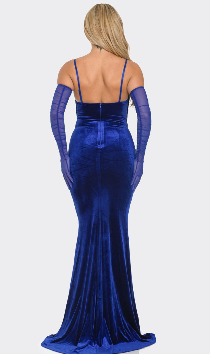 Glamour Girl Blue Velvet Braided Rope Maxi Dress