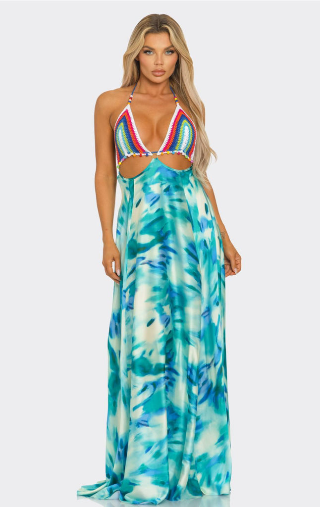 Miami Me Please/Crochet All Over Print Maxi Dress