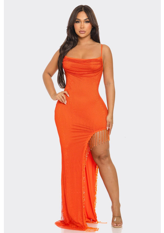 Beautiful Orange Rhinestone Fishnet Overlay Maxi Dress