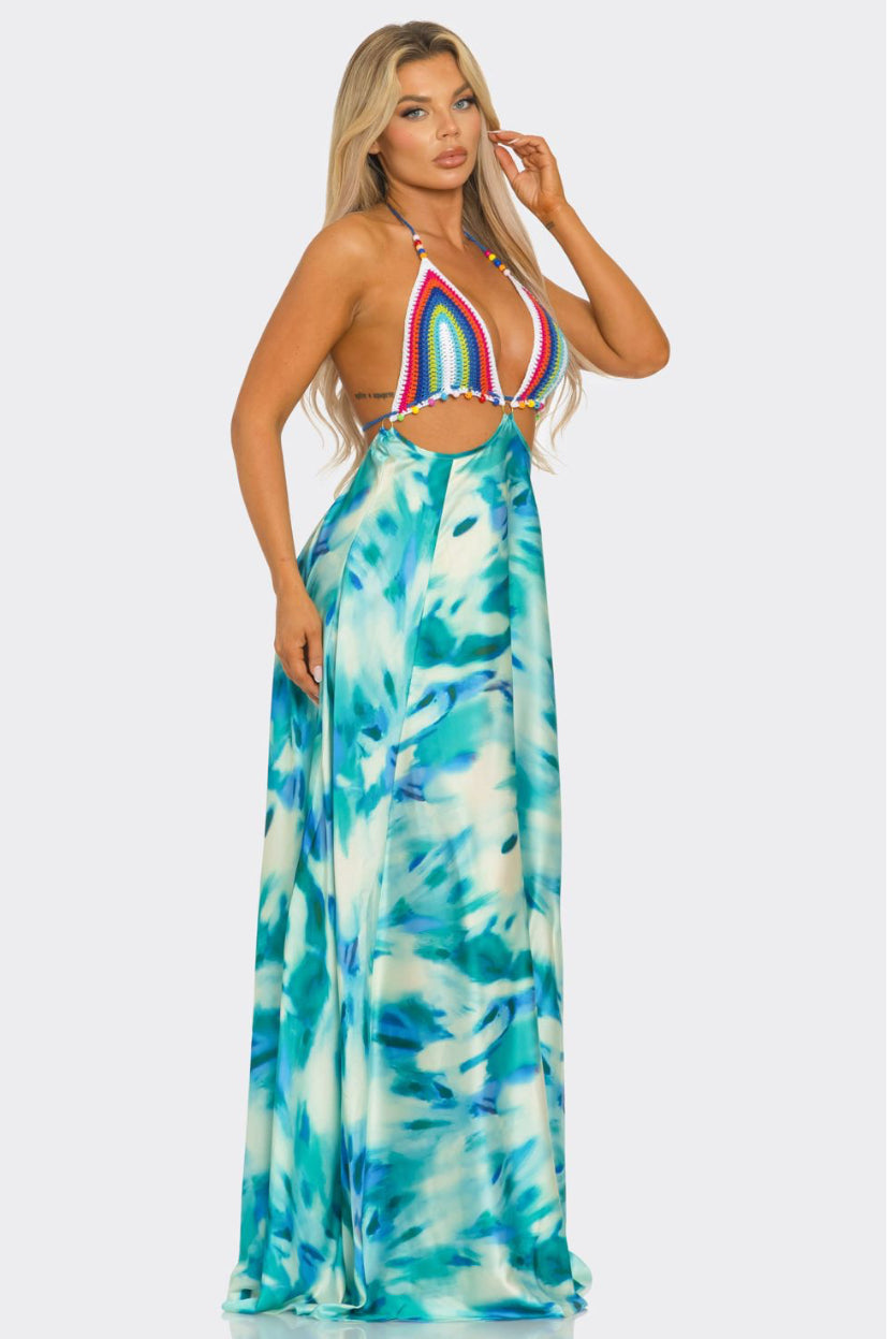 Miami Me Please/Crochet All Over Print Maxi Dress