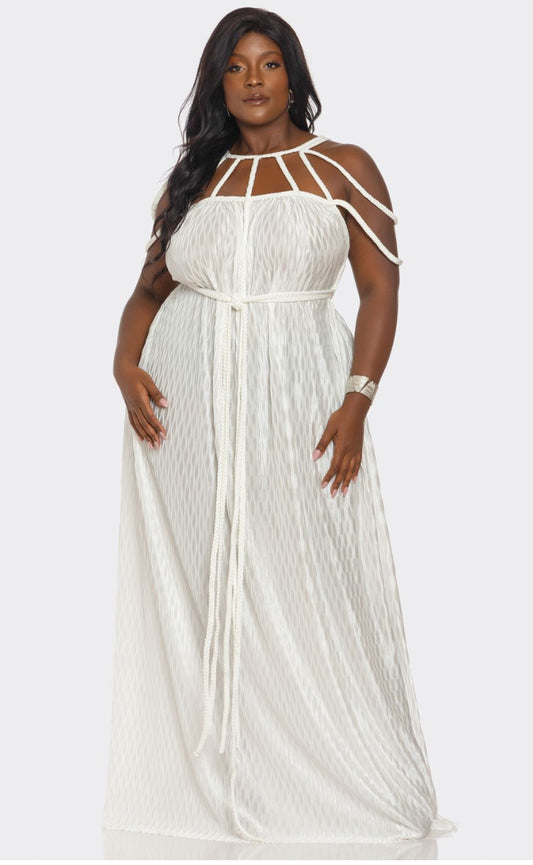 White Plus Size Wavy Pleatedbraided Rope Design Maxi Dress