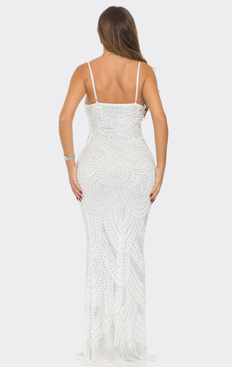 White Rhinestone/pearl Embellished Mermaid Maxi Dress