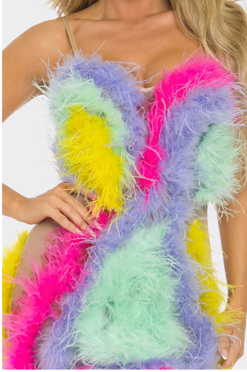 Rainbow Ostrich Feather Mini Dress