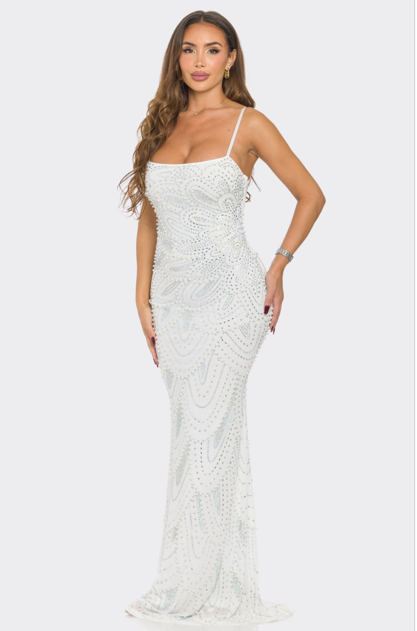 White Rhinestone/pearl Embellished Mermaid Maxi Dress