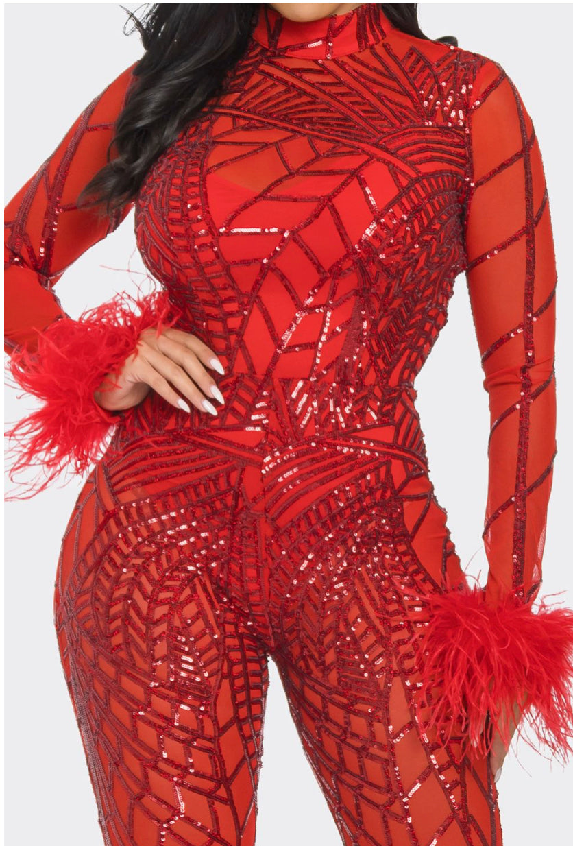 Red Sequin Mesh Long Sleeve Jumpsuit