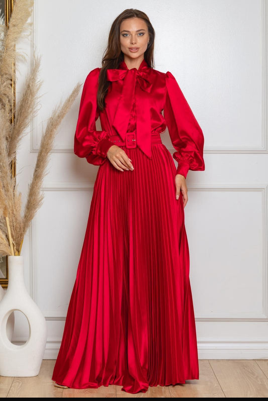 Keeping it Classy Red long Pleated Maxi Dress