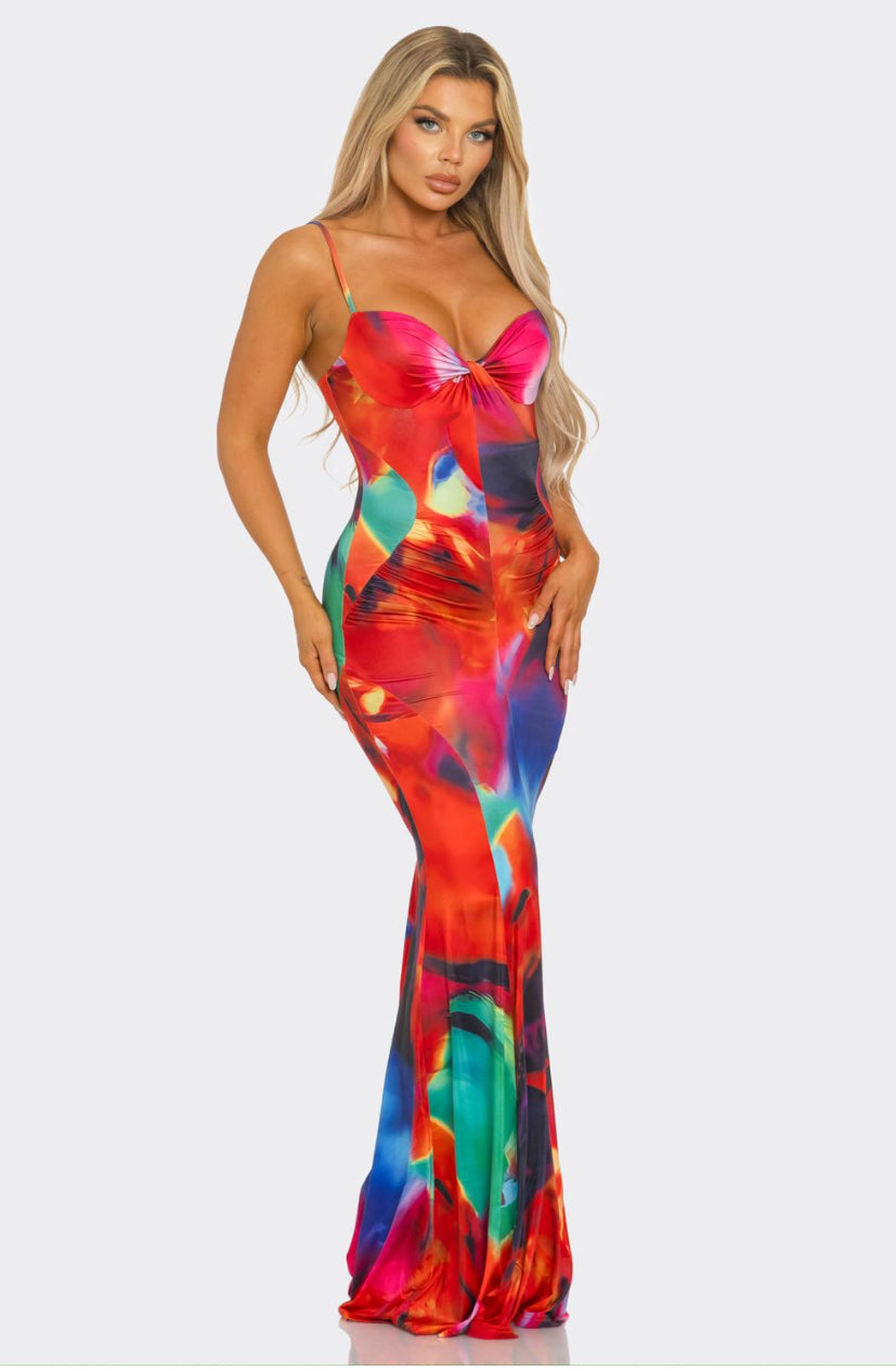 Ms lady Red Multi Abstract Print Maxi Sun Dress