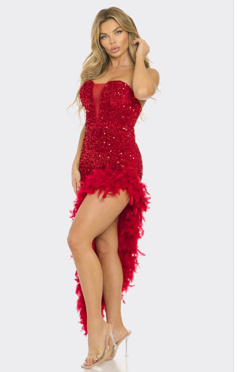 The Perfect Red Sequin Feather Off Shoulder Dress For Your Special Occasion