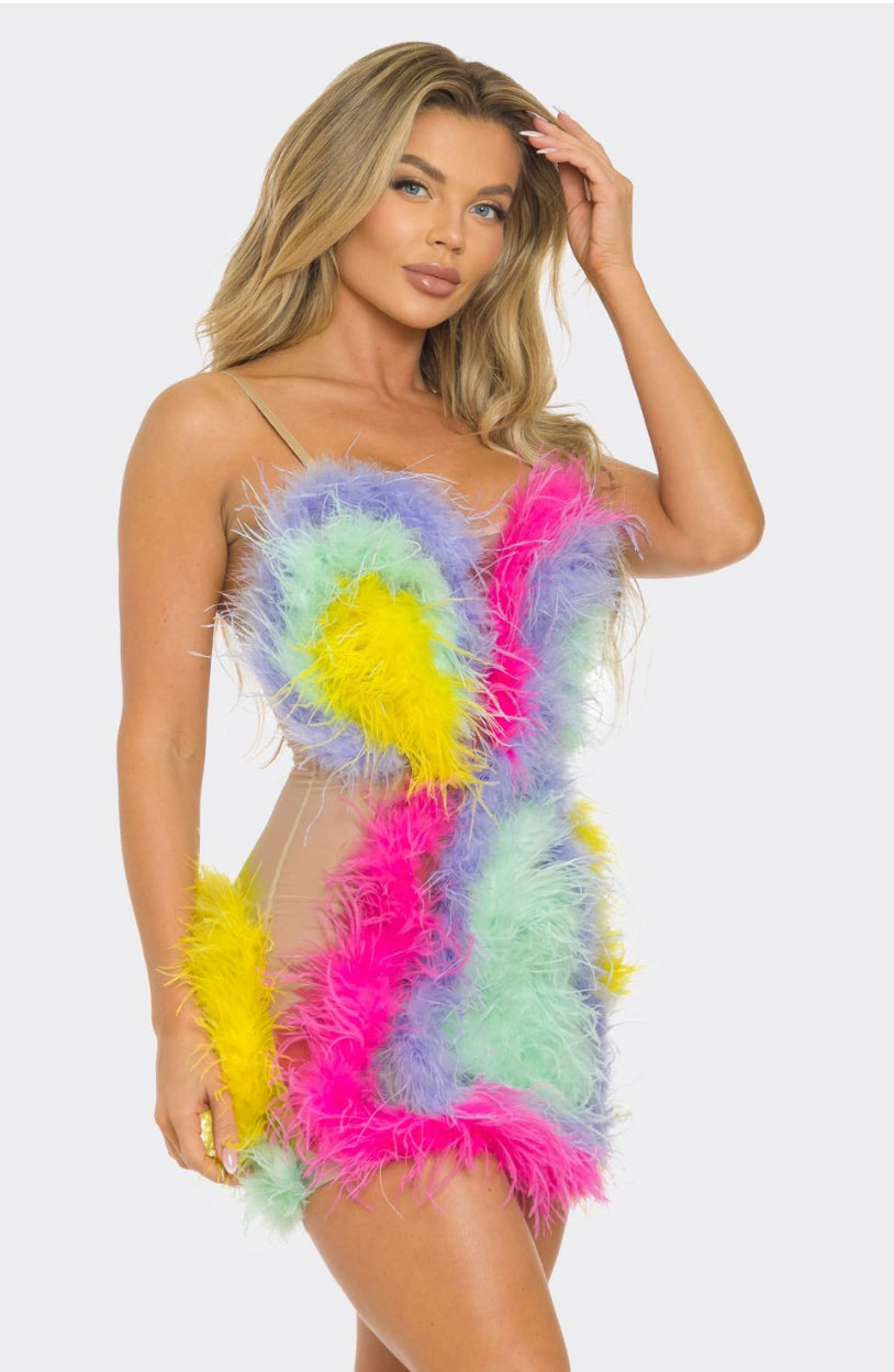 Rainbow Ostrich Feather Mini Dress