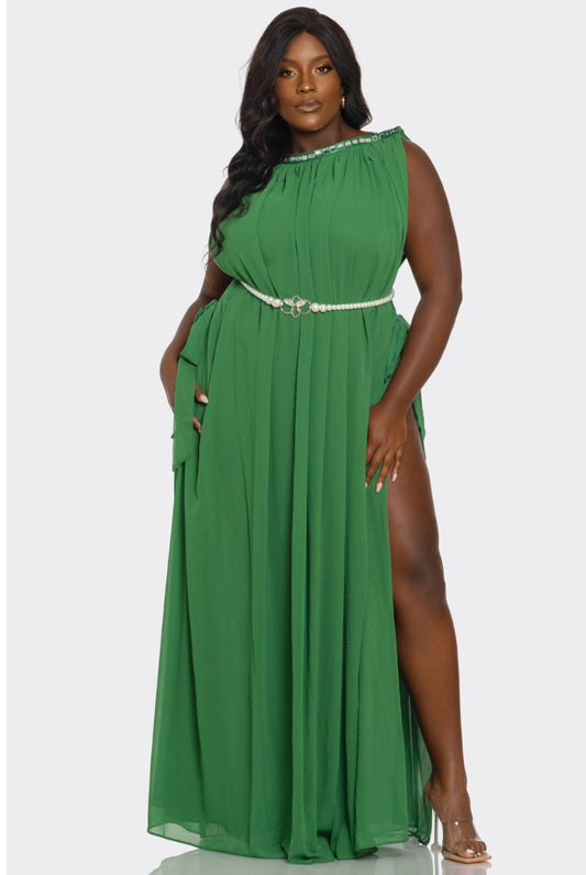 Plus Size Green - One-shoulder Sleeveless Solid Color Long Dress