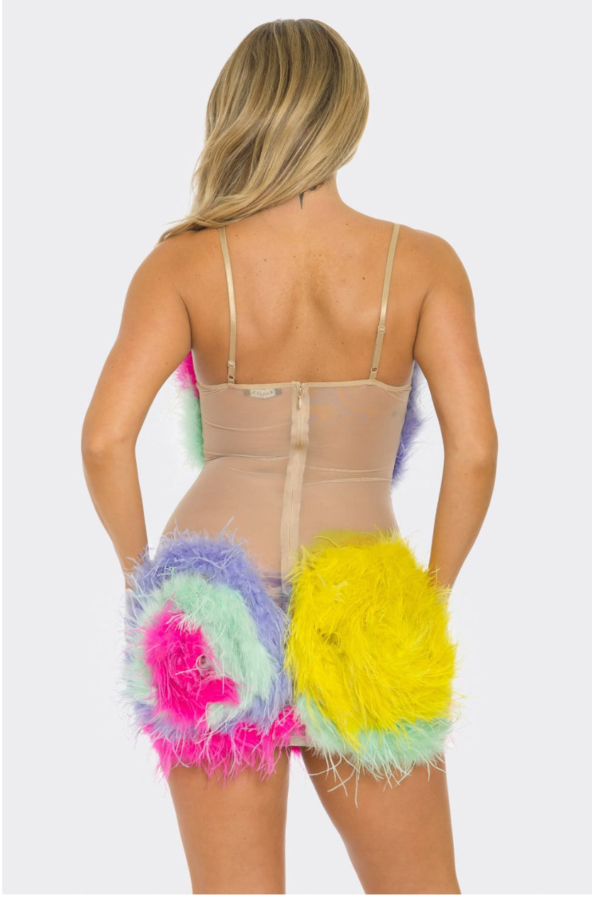 Rainbow Ostrich Feather Mini Dress