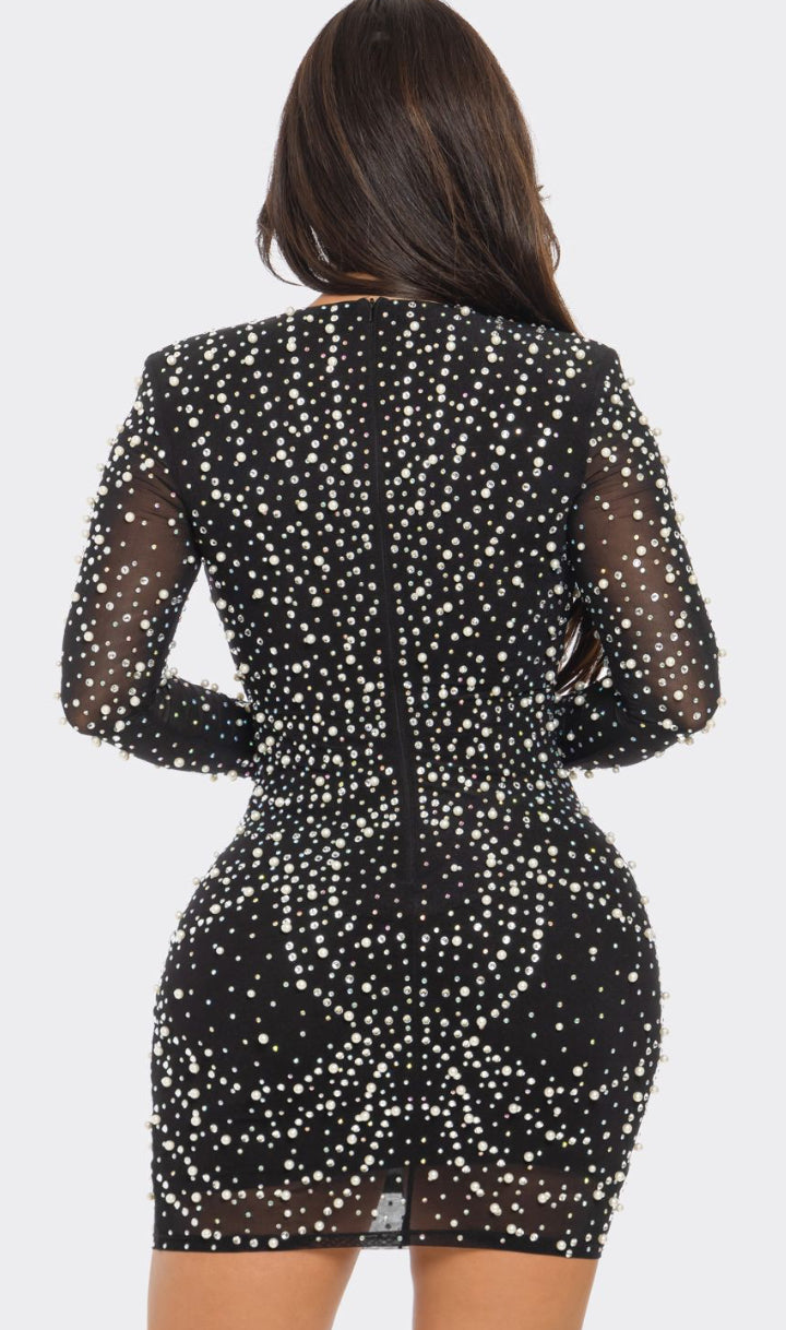 Ms Baddie Black/Rhinestone/pearl Embellished Bodycon Dress