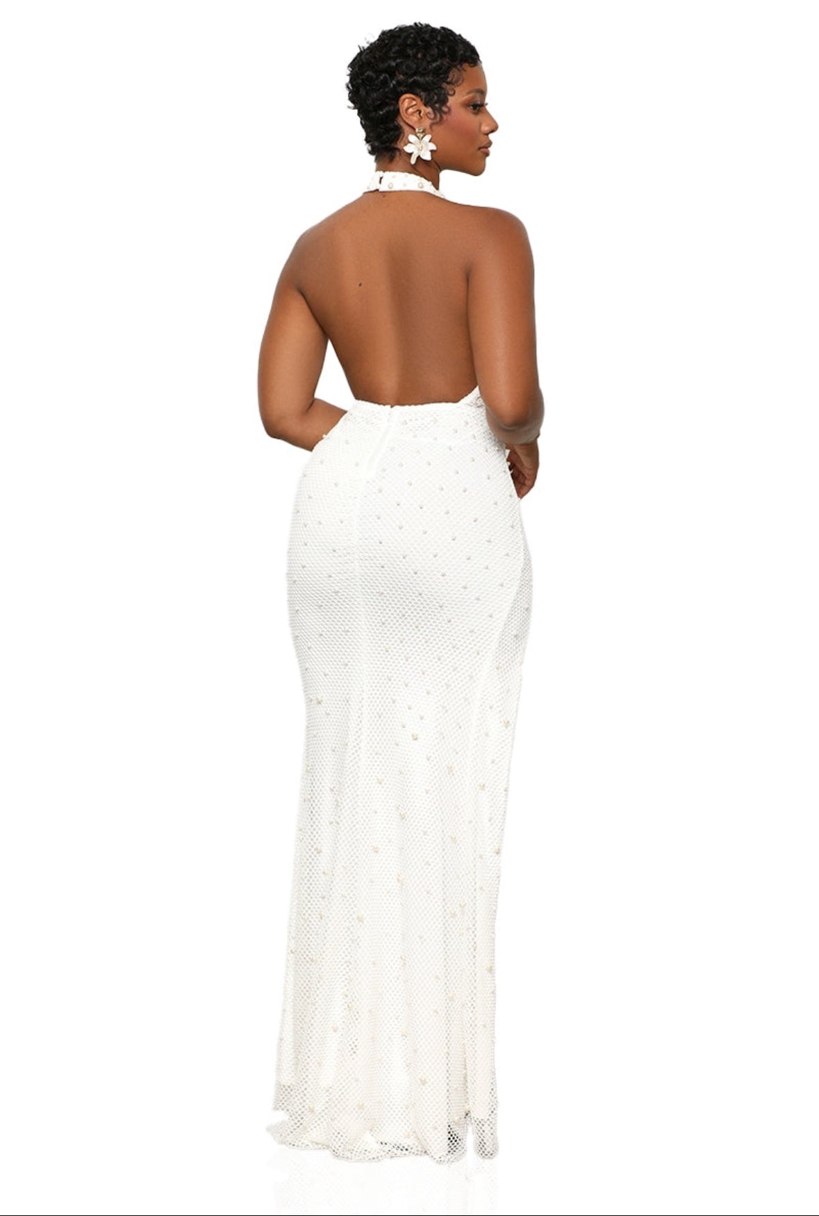 White Fishnet Pearl Studded Crossover Neck Maxi Dress