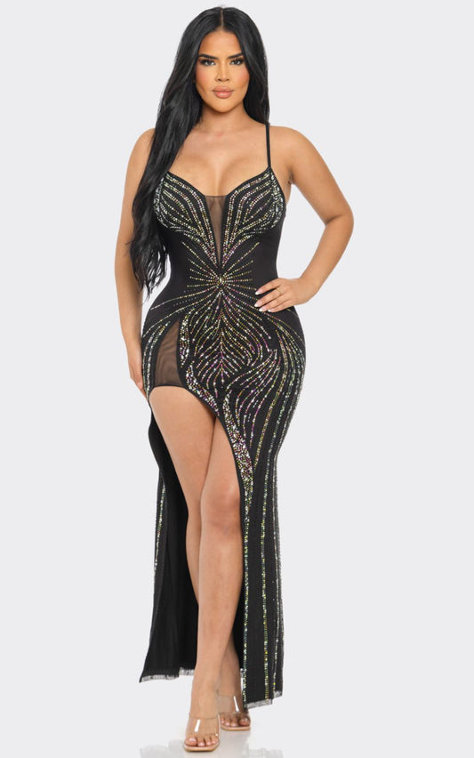 Who’s that Sexy Lady /  Black Iridescent Rhinestone Embellished Maxi Dress