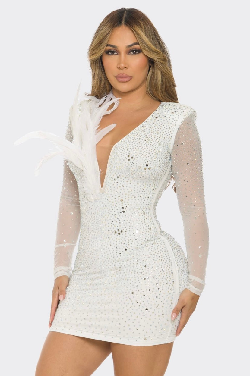 White Rhinestone Feather Dress