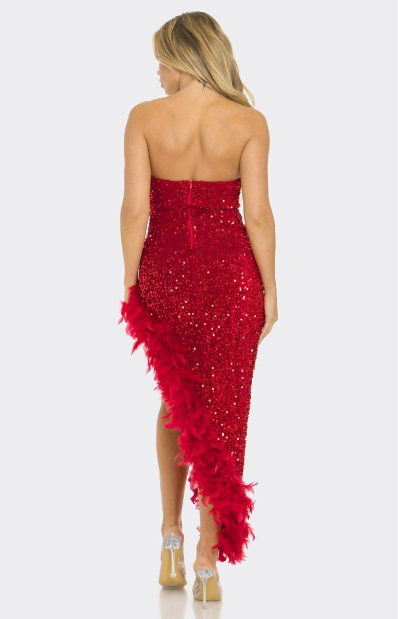 The Perfect Red Sequin Feather Off Shoulder Dress For Your Special Occasion