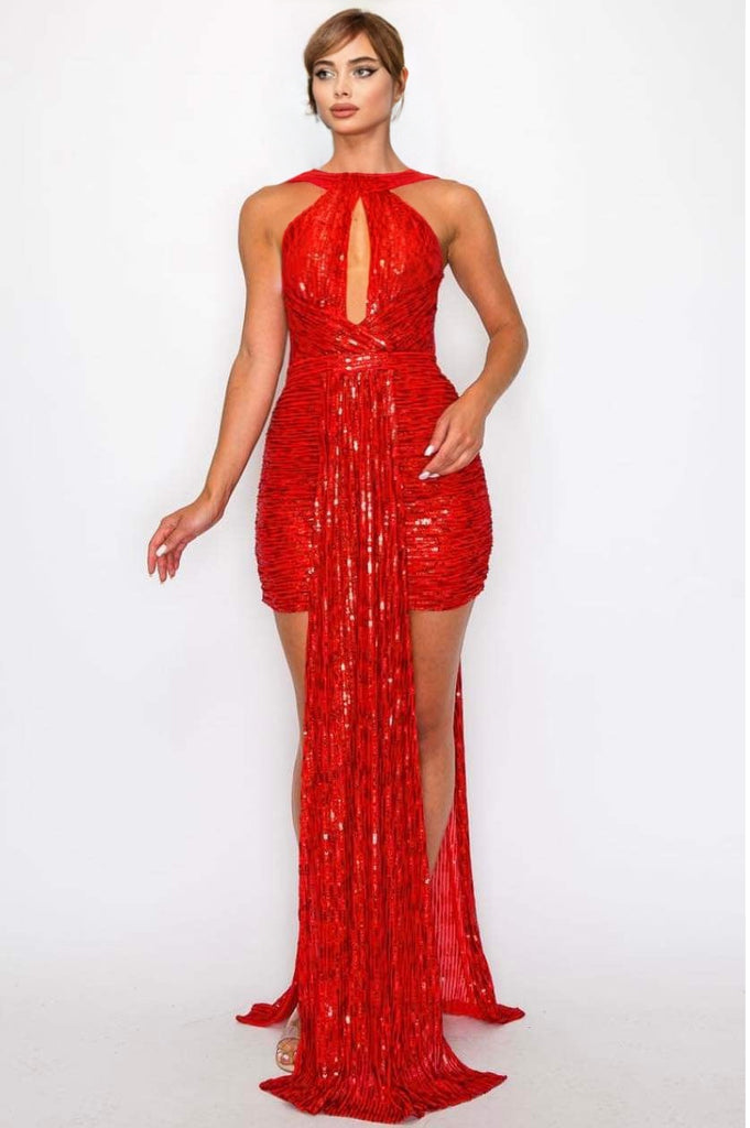 Love Me Red Sequin Ruched Sleeveless Dress