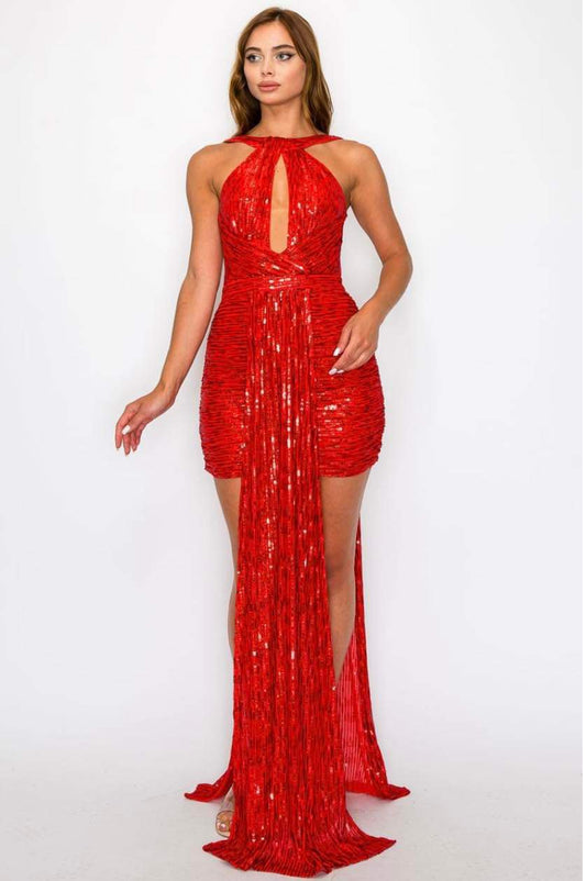 Love Me Red Sequin Ruched Sleeveless Dress