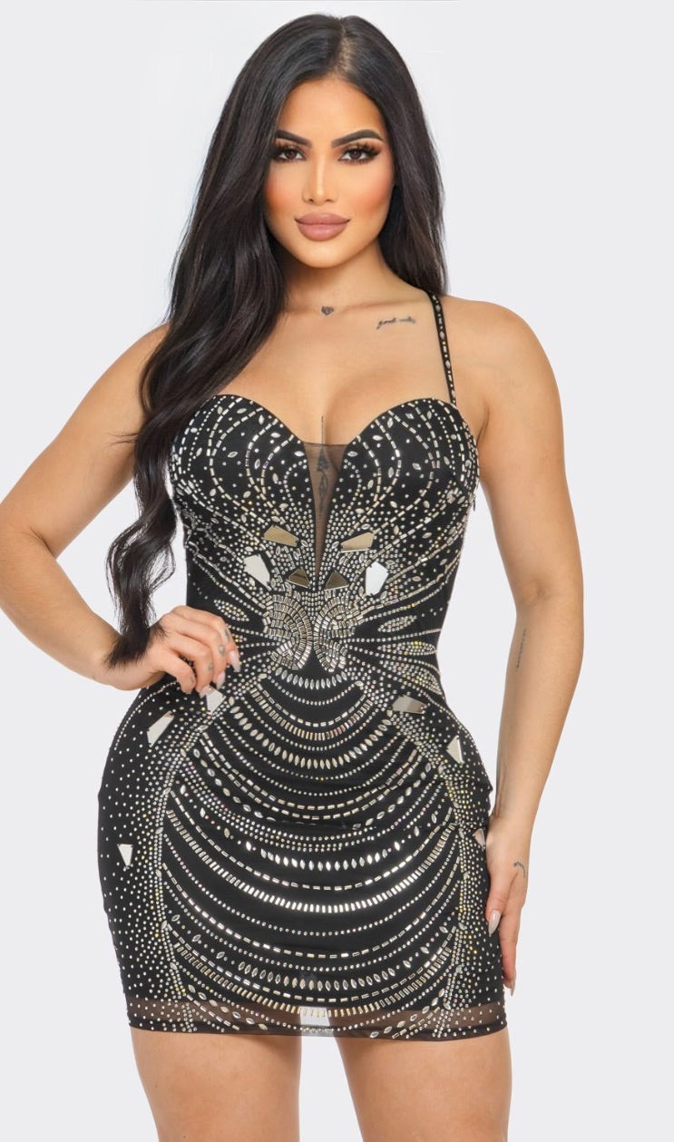 Black Black Mirror Rhinestone Embellished Bodycon Dress