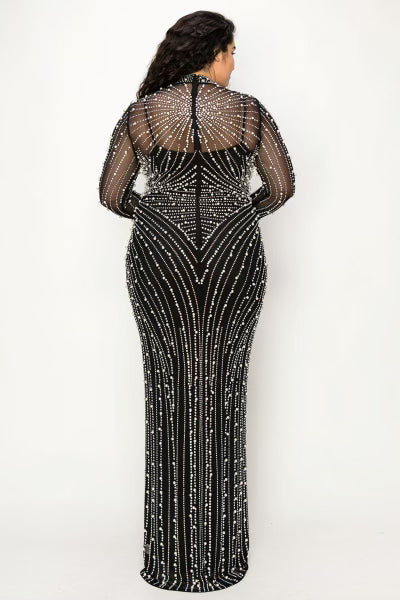London Plus Size Black Long Sleeve Rhinestone/Pearl Formal Dress