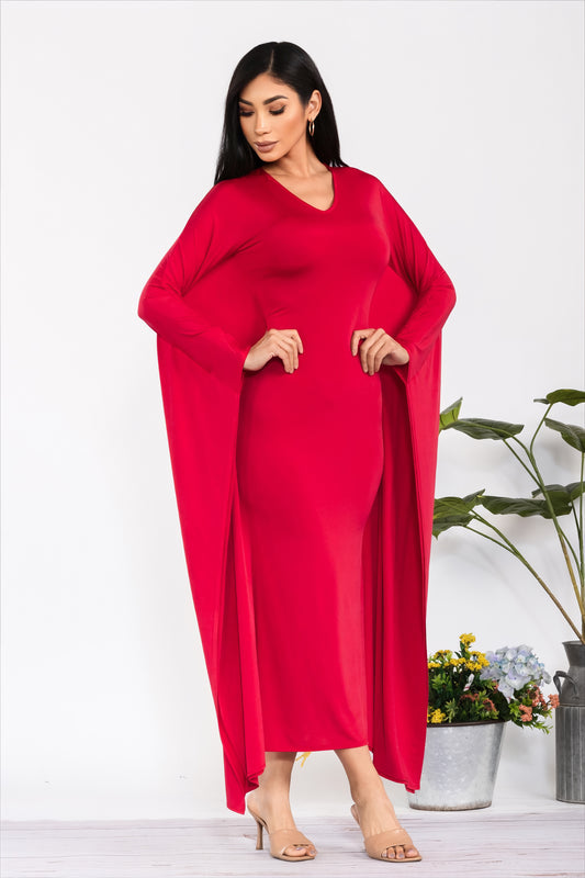 Ms Lovely lady Holiday Red V Neck LONG SLEEVE DRAPE MAXI DRESS