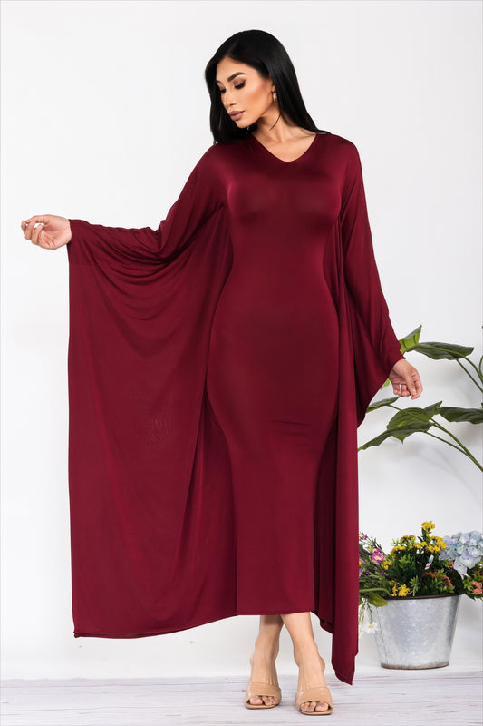 Ms Lovely Lady Burgundy V Neck LONG SLEEVE DRAPE MAXI DRESS