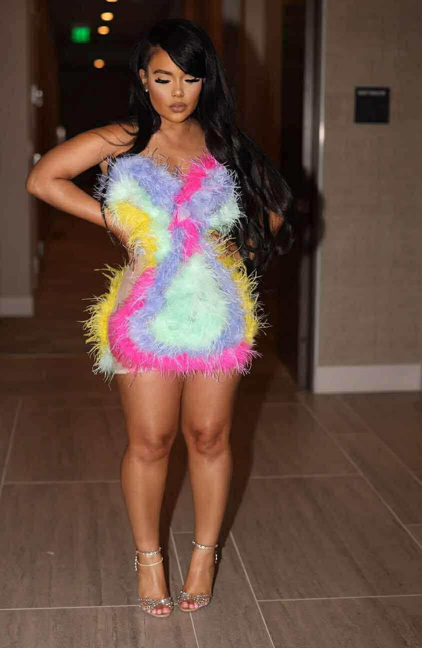 Rainbow Ostrich Feather Mini Dress