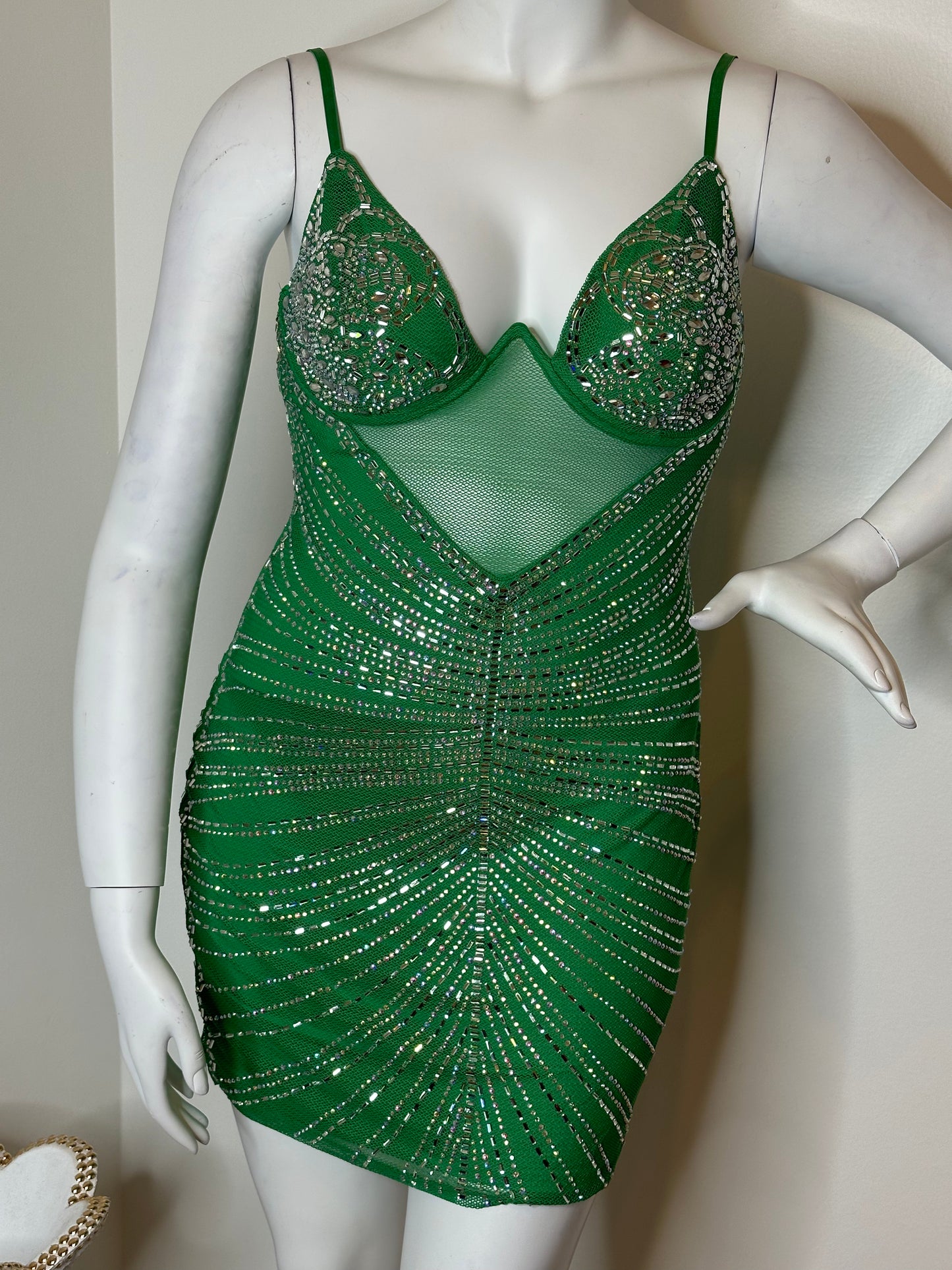 Green Rhinestones Bling Party Dress