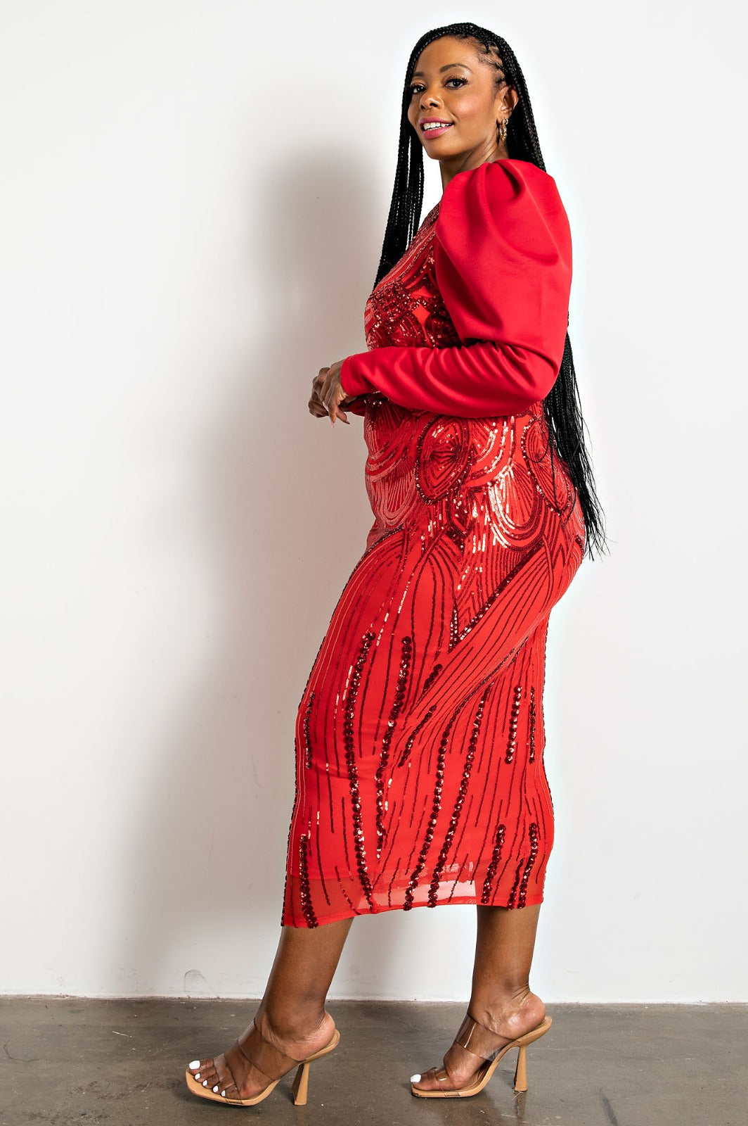 Red sequin hot sale midi dress